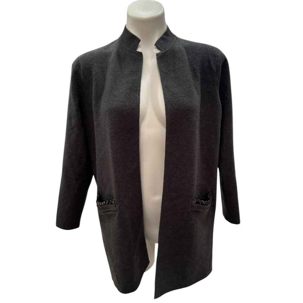 Chico’s 1P Medium Petite Cardigan Gray Sweater Gold & Silver Metallic Back *T7